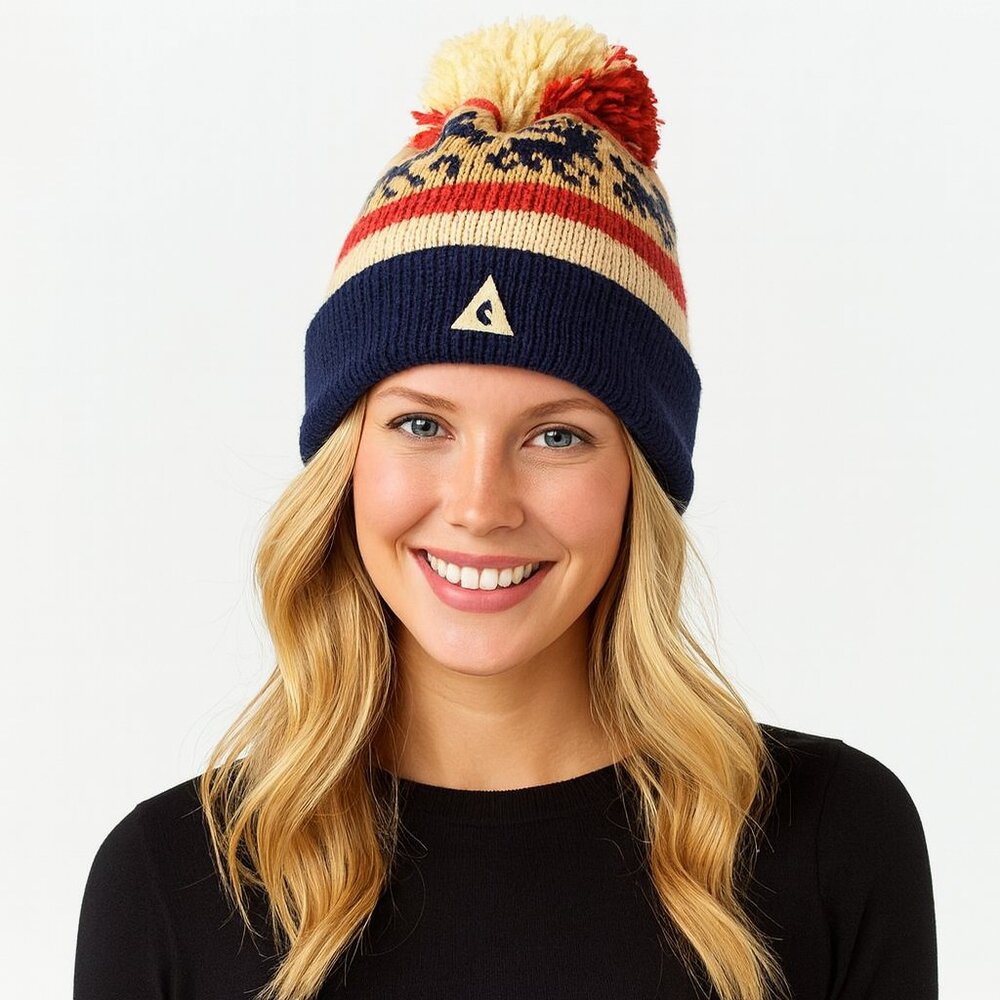 Vintage 90s Wool Moose Pom Pom Beanie Ski Hat Nordic Knit